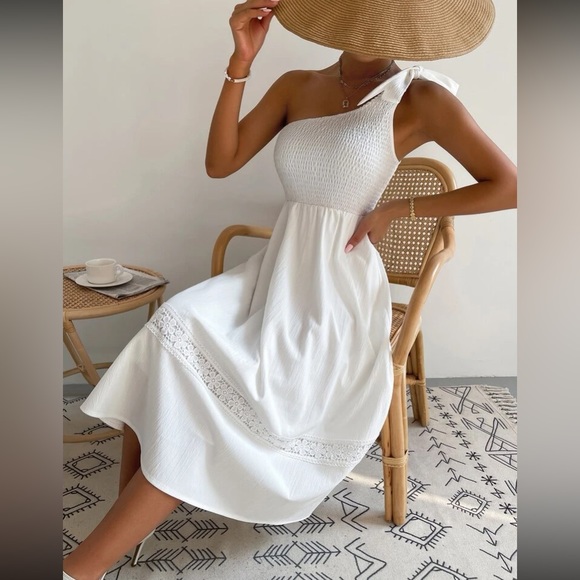 Boho tie one shoulder shoulder shirred lace insert dress - Picture 3 of 16